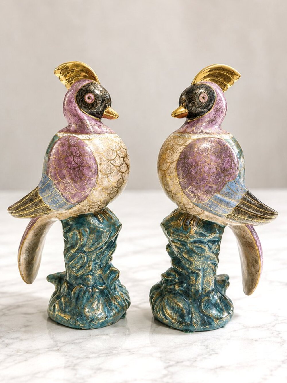 Vtg China Trader Macau Phoenix/Pheasant Birds Colorful Iridescent Gold Accents 2